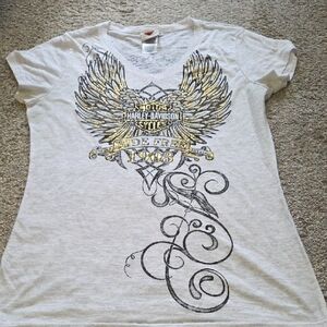 Harley-Davidson White V-Neck Tee with Gold and Black Wing Graphic